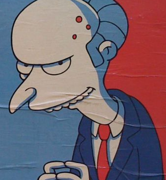a campaign poster of Mr Burns, stylized in Blue and Red