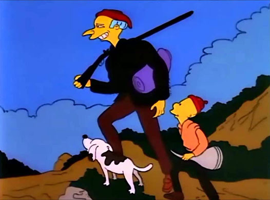 A painting of Mr Burns standing in a heroic pose dressed as a Pioneer. A small child and dog look up at him in awe.