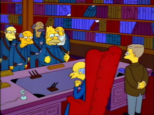 Mr. Burns talking with elderly strike breakers in a lavish office