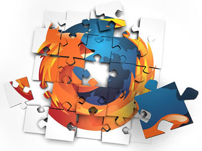 Firefox logo as a puzzle with pieces scattered